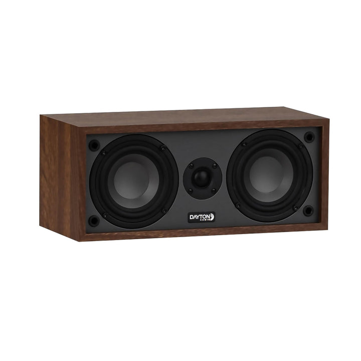 Dayton Audio C40 front view wood grain showing speaker face and balanced design benefit