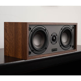 Dayton Audio C40 wall-mounted in wood-grain finish saving shelf space with even coverage