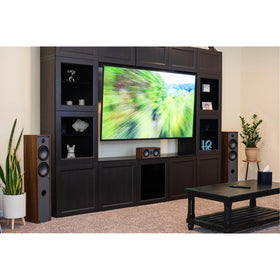 Dayton Audio rear view with gold-plated binding posts and keyhole mount for secure setup