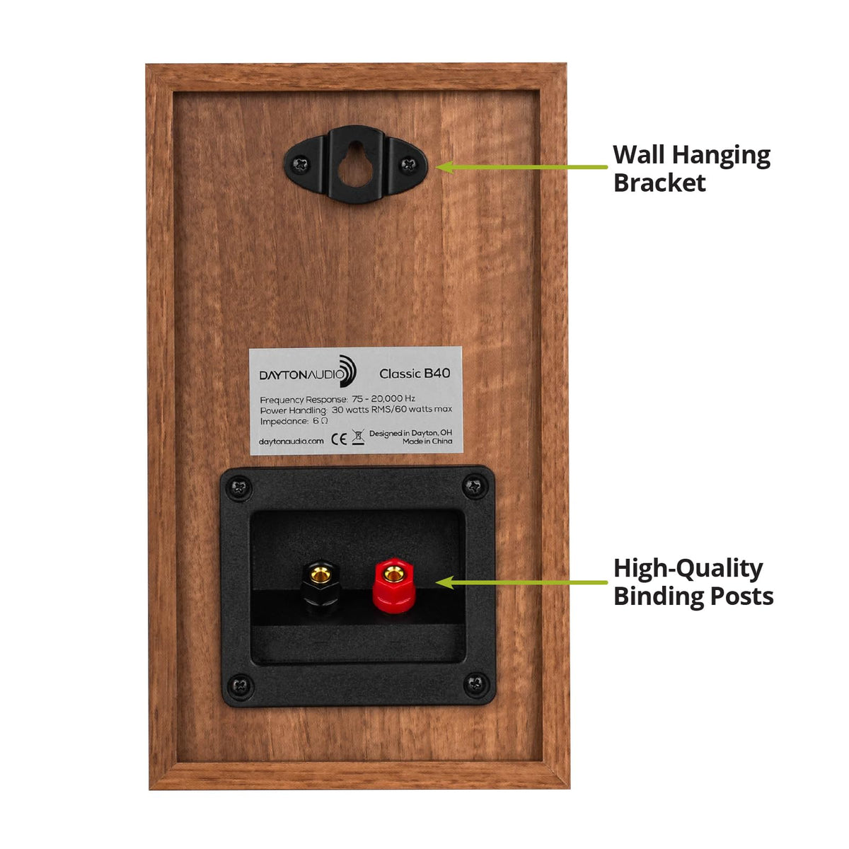 Dayton Audio Classic B40 wood veneer cabinet adds warmth and visual appeal.
