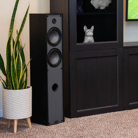 Dayton Audio Classic T65 cabinet closeup underscores premium black finish.