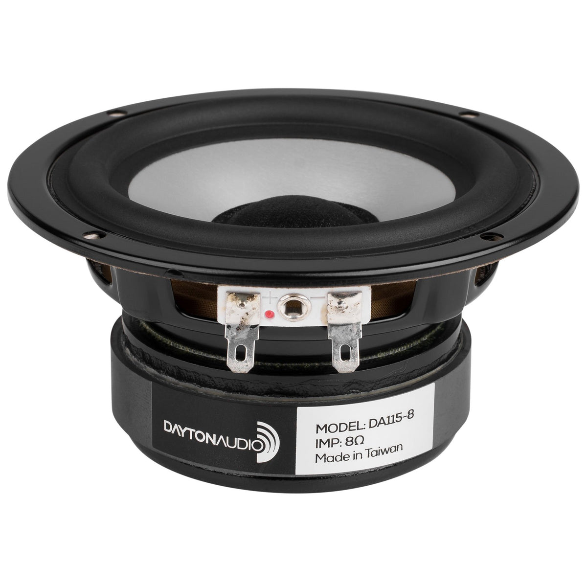 Dayton Audio DA115-8 woofer front view showing rigid aluminum cone for clean bass