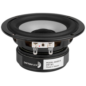 Dayton Audio DA115-8 woofer front view showing rigid aluminum cone for clean bass