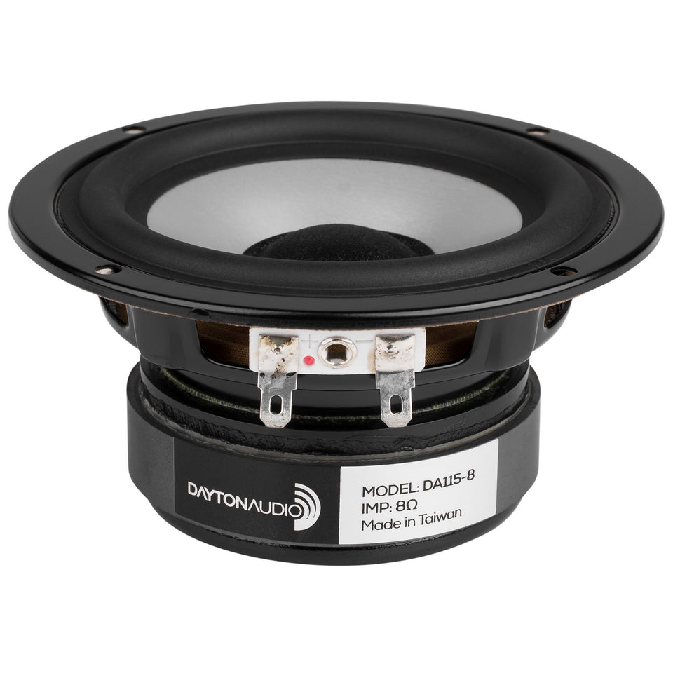 Dayton Audio DA115-8 woofer front view showing rigid aluminum cone for clean bass