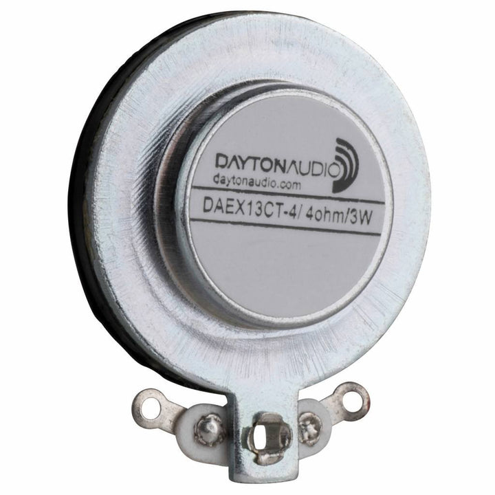 Dayton Audio DAEX13CT-4 front view showing compact coin exciter and benefits