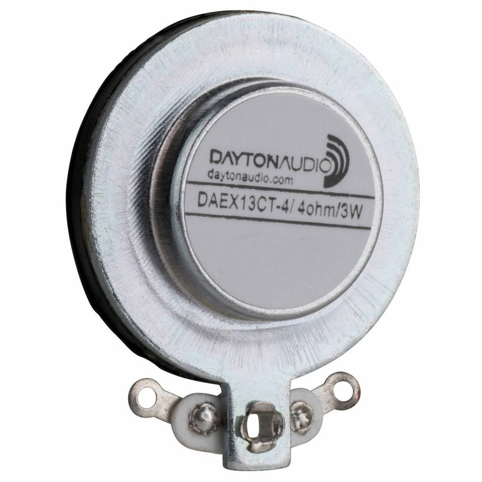 Dayton Audio DAEX13CT-4 front view showing compact coin exciter and benefits