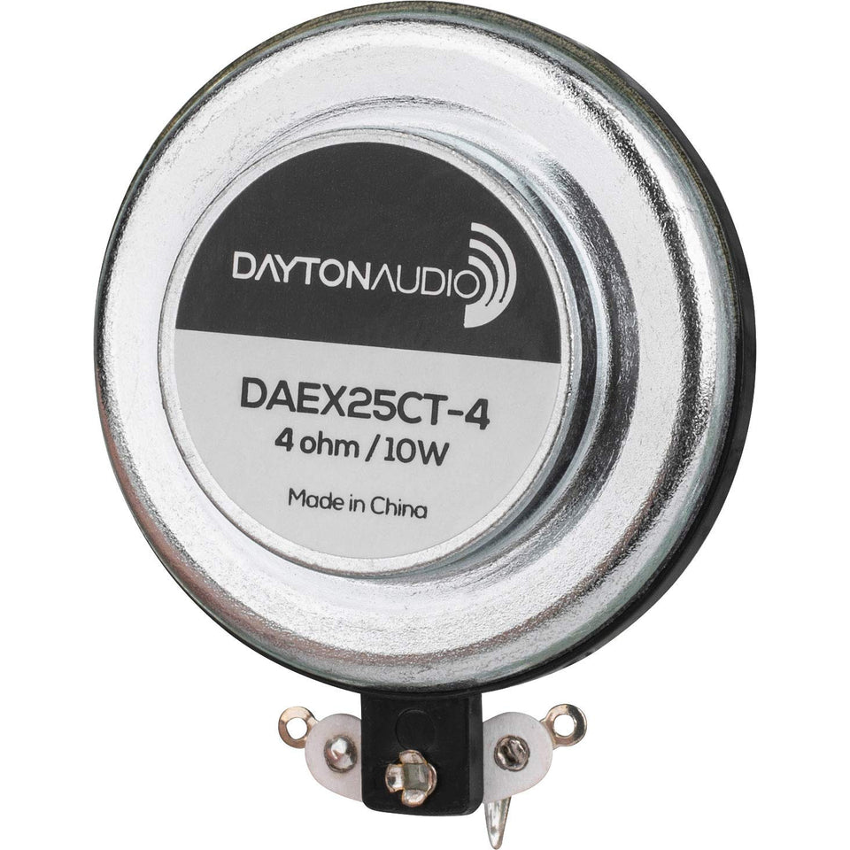 Dayton Audio exciter front view showing compact design and mounting, boosts audio output