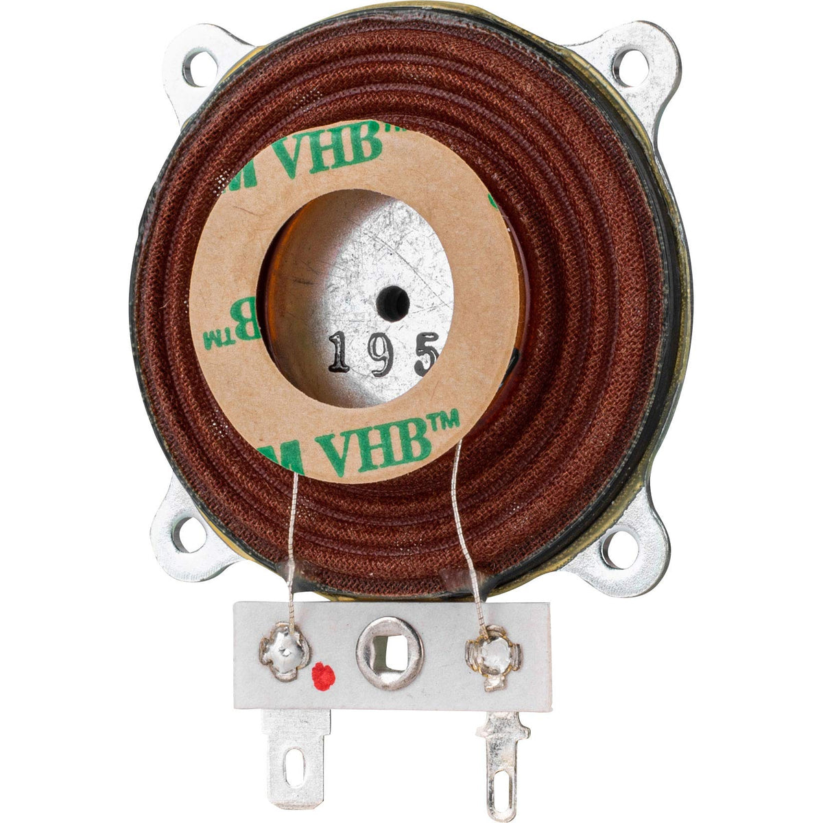 Dayton Audio exciter adhesive closeup highlighting pre-applied 3M VHB for secure bonding