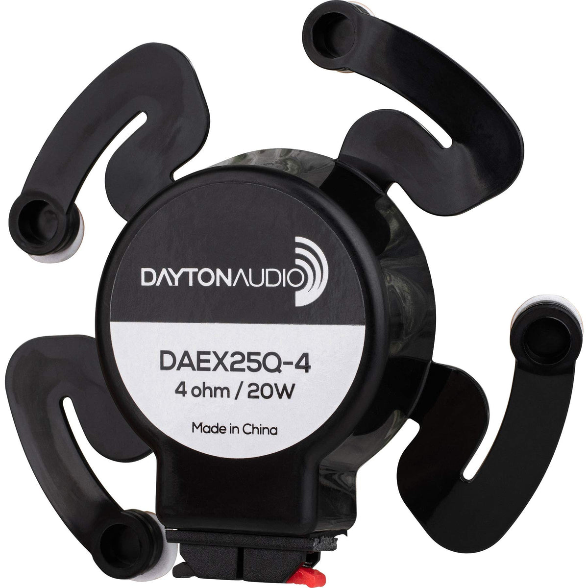 Dayton Audio DAEX25Q-4 quad-arm exciter mounted on surface for extended bass