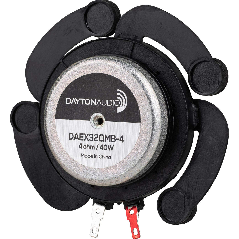 Dayton Audio DAEX32QMB-4 quad arm exciter on a flat surface delivers deep bass potential.