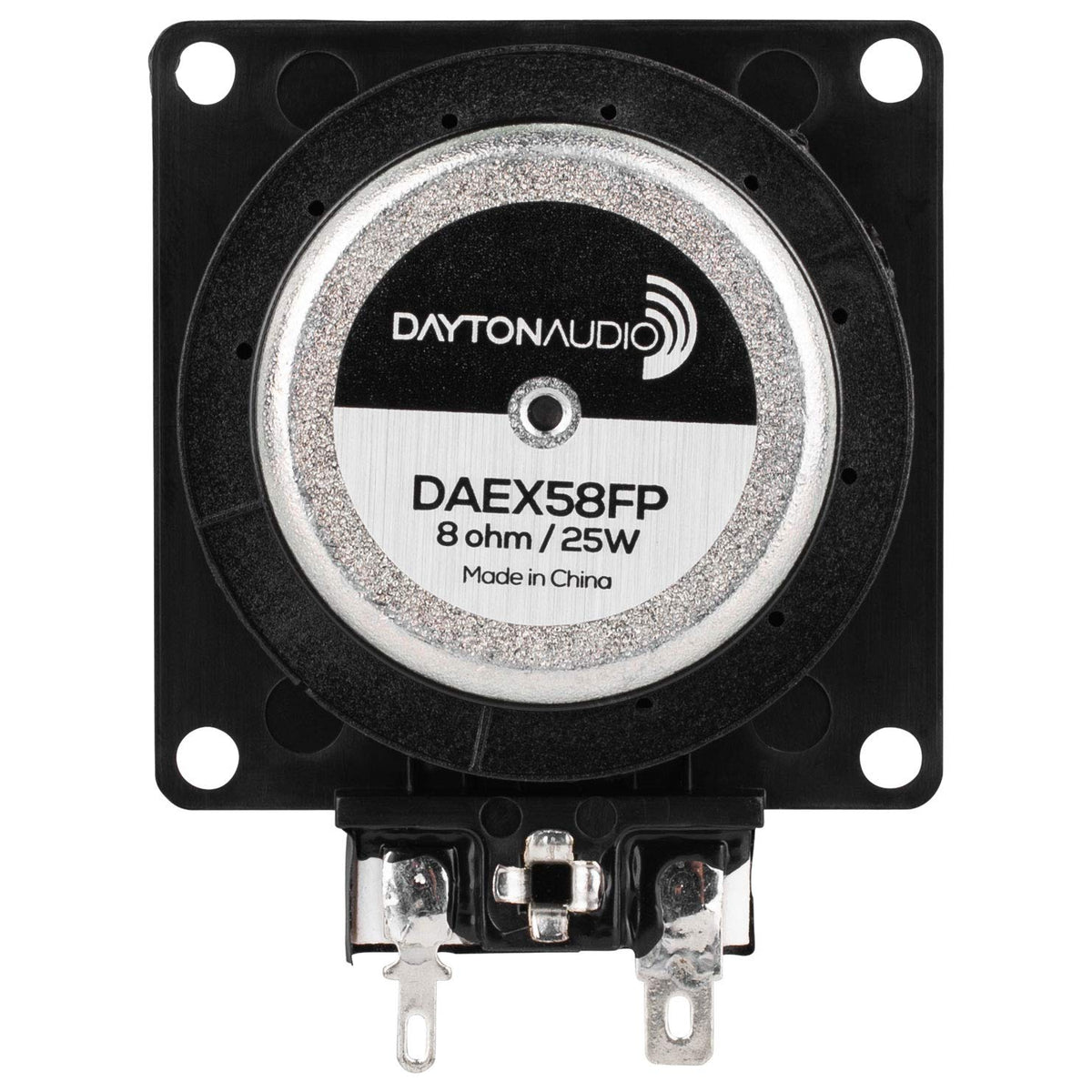 Dayton Audio DAEX58FP exciter on wood panel demonstrates surface vibration for enhanced audio