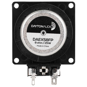 Dayton Audio DAEX58FP exciter on wood panel demonstrates surface vibration for enhanced audio
