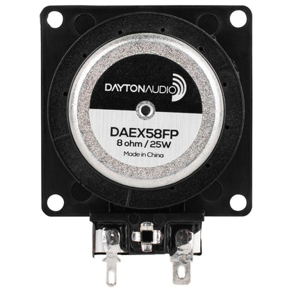 Dayton Audio DAEX58FP exciter on wood panel demonstrates surface vibration for enhanced audio