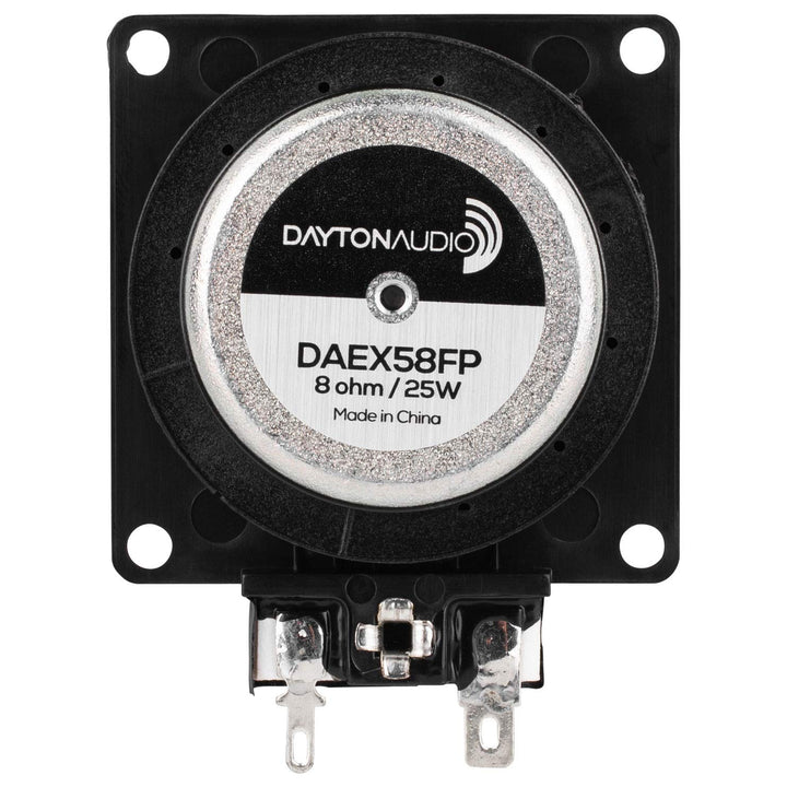 Dayton Audio DAEX58FP exciter on wood panel demonstrates surface vibration for enhanced audio