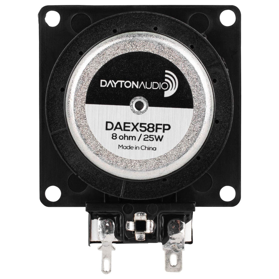Dayton Audio DAEX58FP exciter on wood panel demonstrates surface vibration for enhanced audio