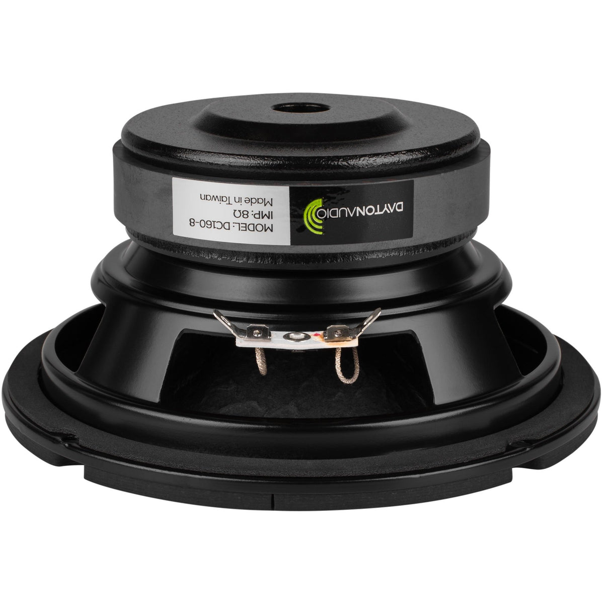 Dayton Audio DC160-8 woofer side view emphasizes rubber surround durability for long listening sessions