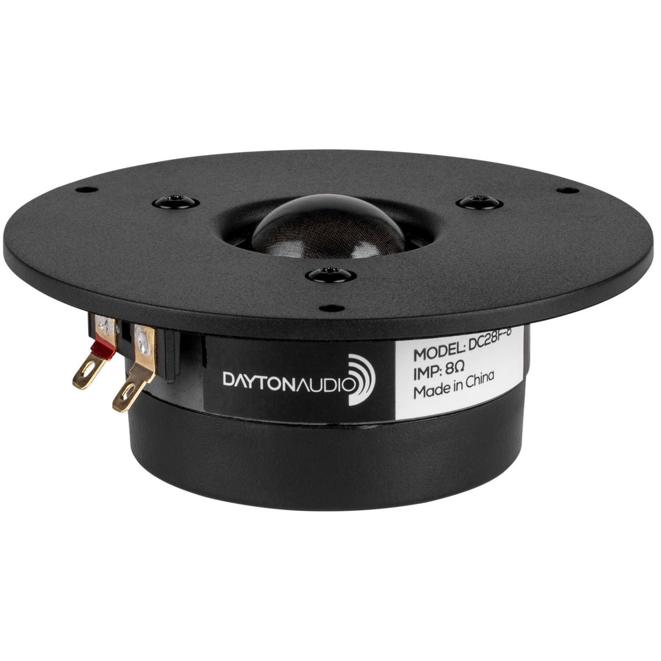 Dayton Audio DC28F-8 silk dome tweeter front view for smooth, extended highs.