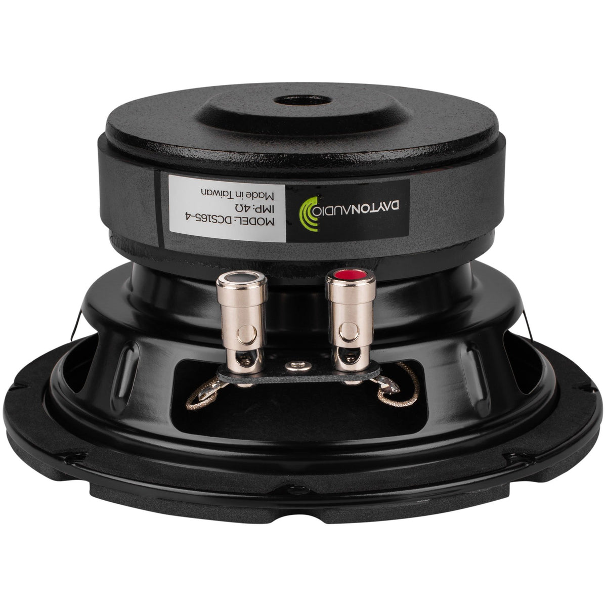 Dayton Audio DCS165-4 cone close-up highlighting treated paper/Kevlar cone and rubber surround for controlled bass