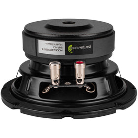 Dayton Audio DCS165-4 cone close-up highlighting treated paper/Kevlar cone and rubber surround for controlled bass