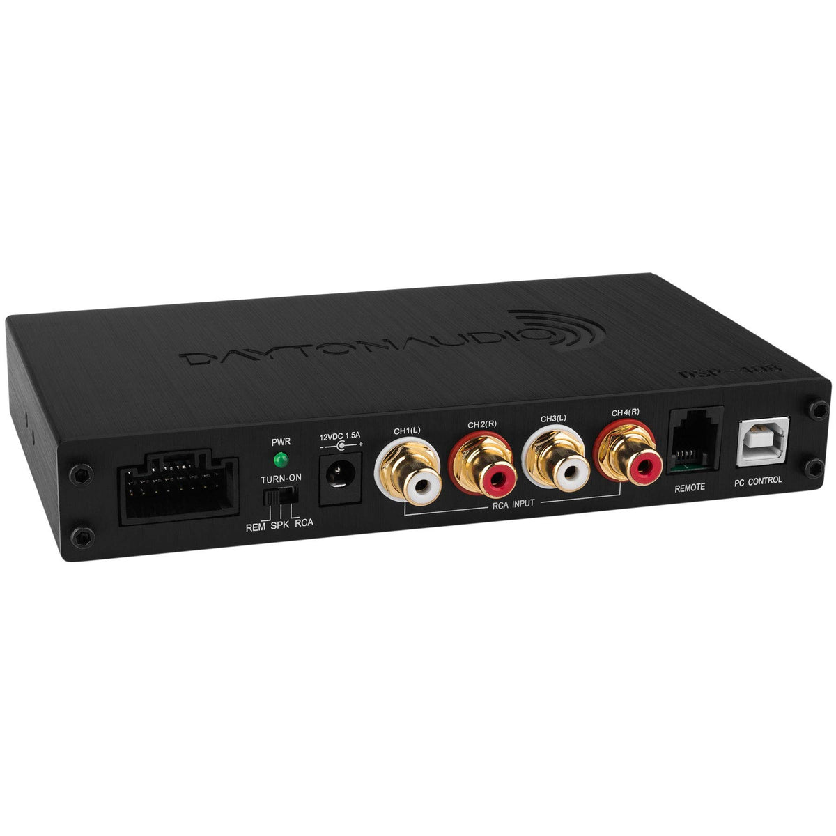 Dayton Audio DSP-408 front panel with precise tuning controls.