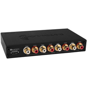Dayton Audio DSP-408 rear panel showing input and output connections.