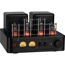 Dayton Audio HTA100 front panel with VU meters for precise level monitoring.