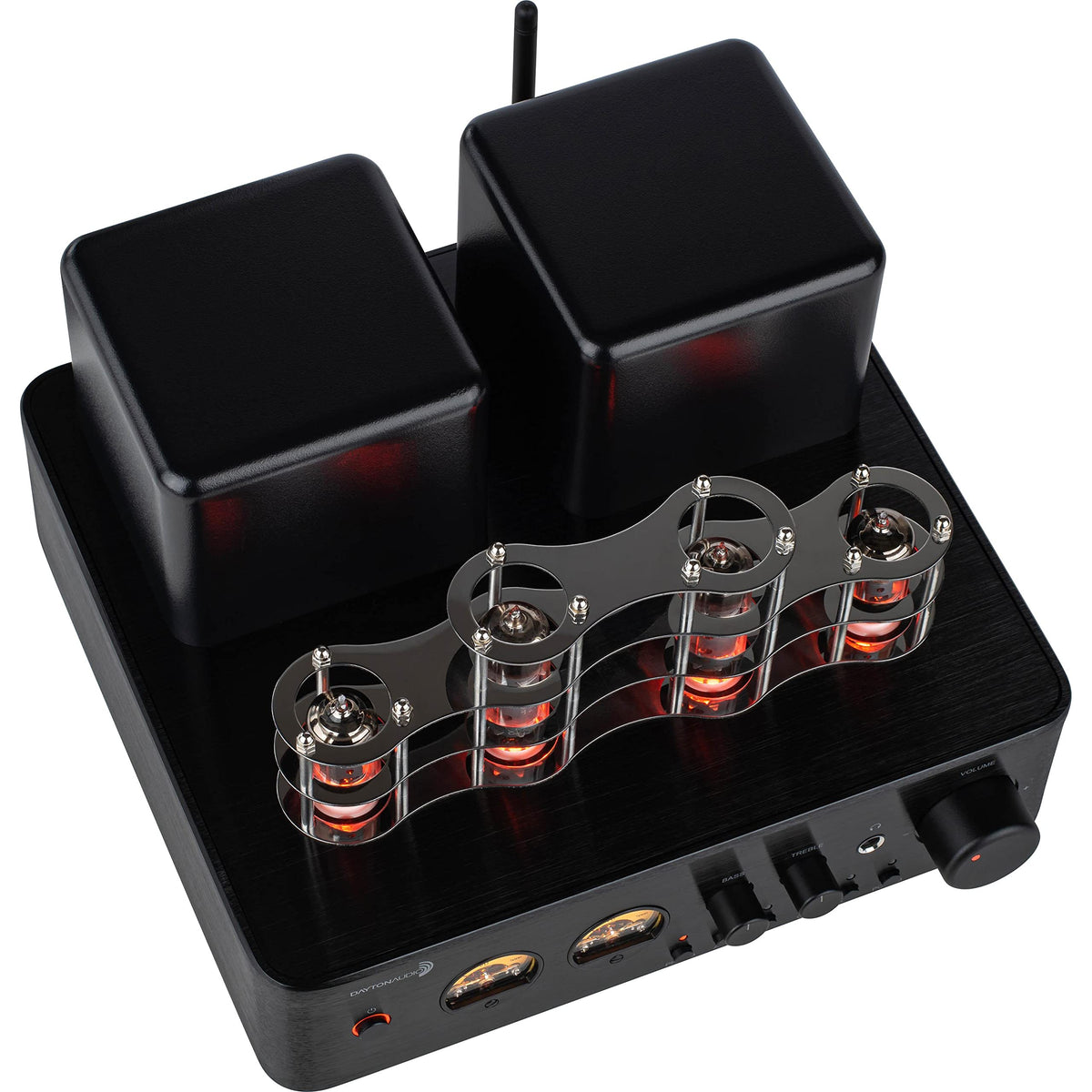 HTA100 vacuum tubes glow, adding warm character to audio playback.