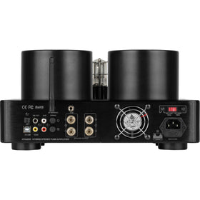 HTA200 exposed tubes glow, signaling warm preamp character in a living room setup.