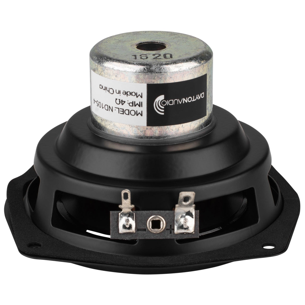 Dayton Audio ND105-4 close-up of aluminum cone edge and surround, showing low distortion