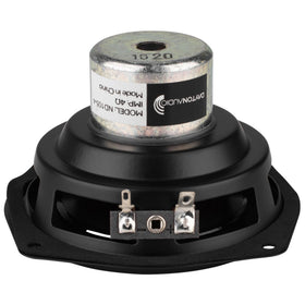 Dayton Audio ND105-4 close-up of aluminum cone edge and surround, showing low distortion