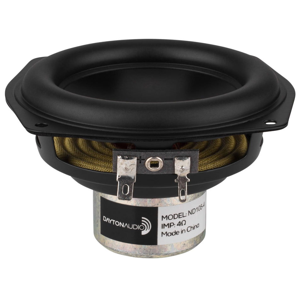 Dayton Audio ND105-4 front view showing cone and basket, highlighting clear midrange