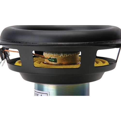 Dayton Audio ND105-4 held in hand for scale, illustrating compact high-excursion design