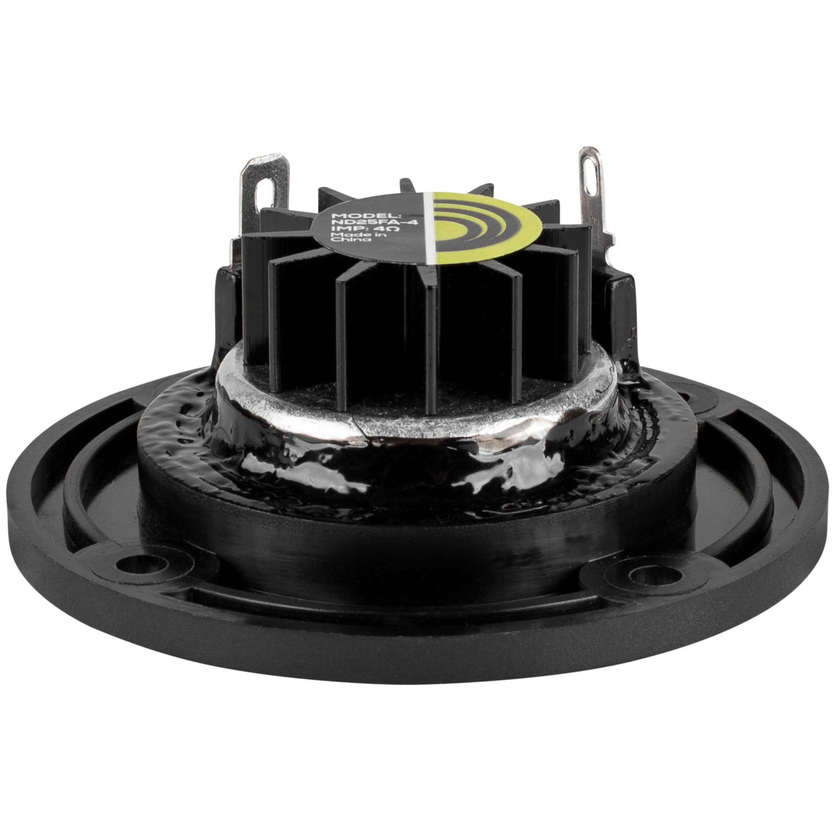 Dayton Audio ND25FA-4 neodymium motor closeup showing heatsink cooling and durability.