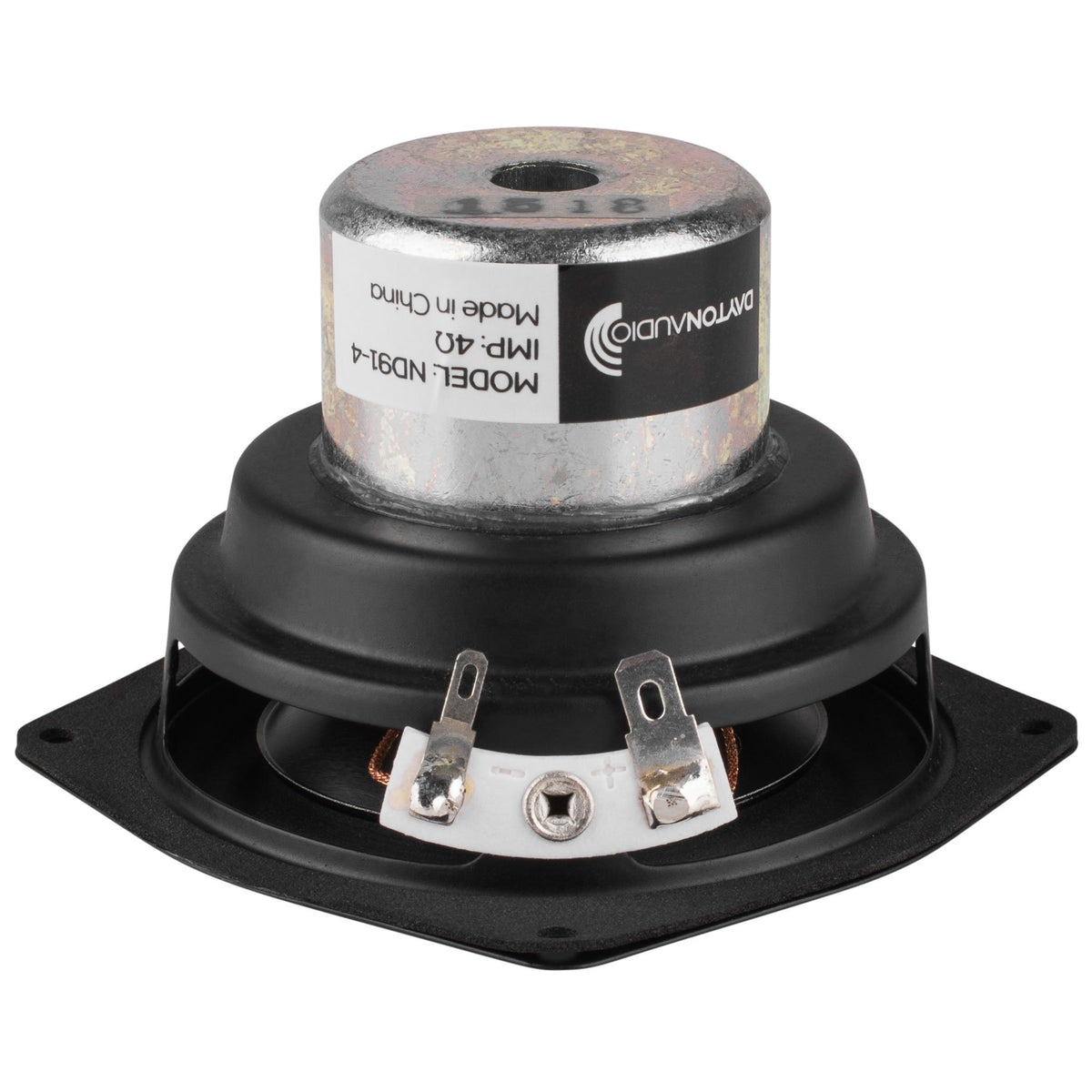 Dayton Audio ND91-4 cone close-up highlighting aluminum texture, benefits clear highs