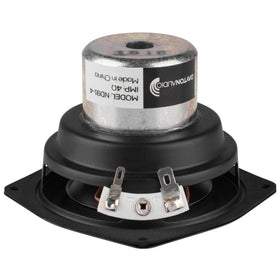 Dayton Audio ND91-4 cone close-up highlighting aluminum texture, benefits clear highs