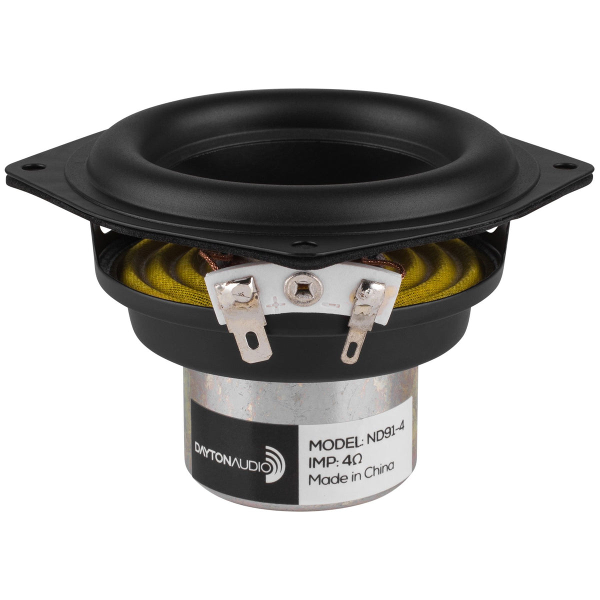 Dayton Audio ND91-4 front view showing cone and surround, benefits accurate imaging