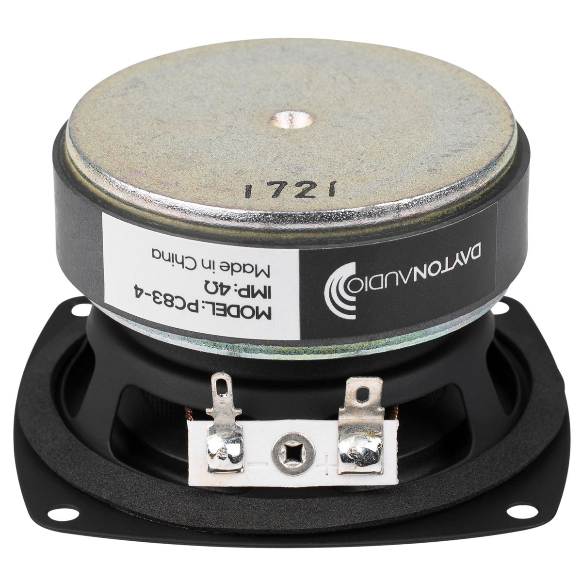 Dayton Audio PC83-4 magnet closeup highlighting high-energy ferrite for efficient output