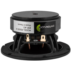 Dayton Audio RS100-4 cone close-up highlighting surround and motor, durable and responsive