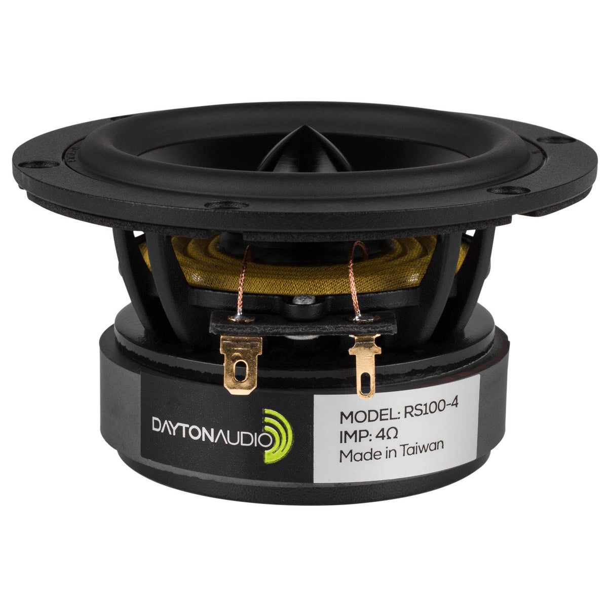 Dayton Audio RS100-4 front view showing grille and mounting, great for accurate midrange