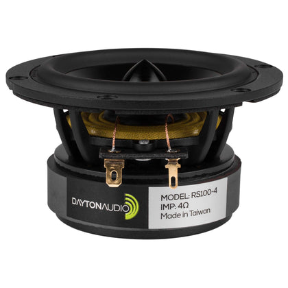 Dayton Audio RS100-4 front view showing grille and mounting, great for accurate midrange