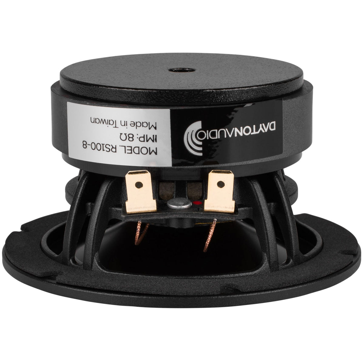 Dayton Audio RS100-8 cone close-up emphasizing aluminum cone detail for accuracy