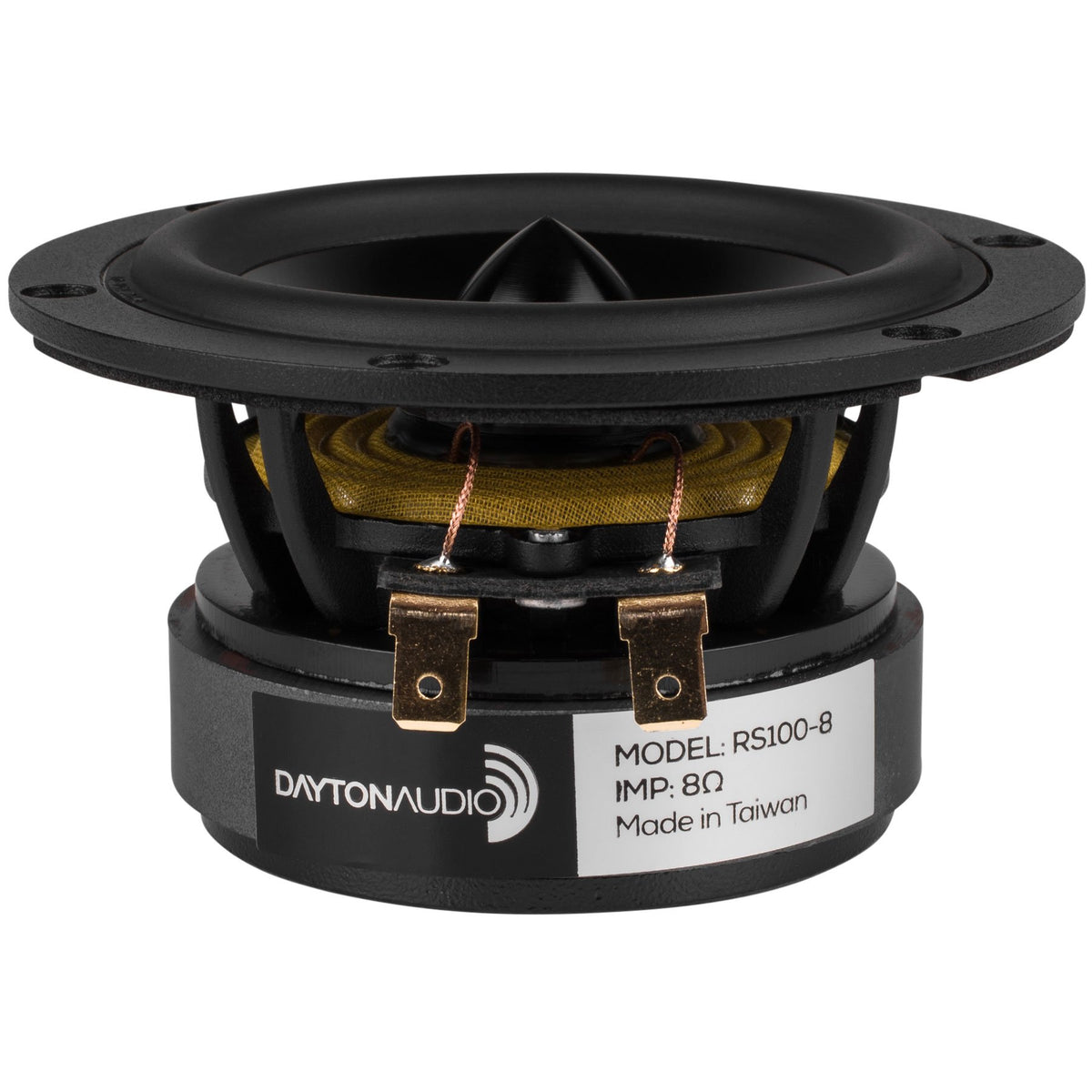 Dayton Audio RS100-8 front view showing cone and surround, highlights clear midbass