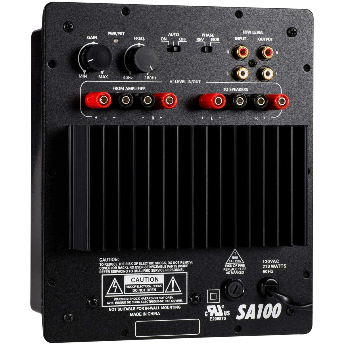 Dayton Audio SA100 front panel with controls for precise bass tuning