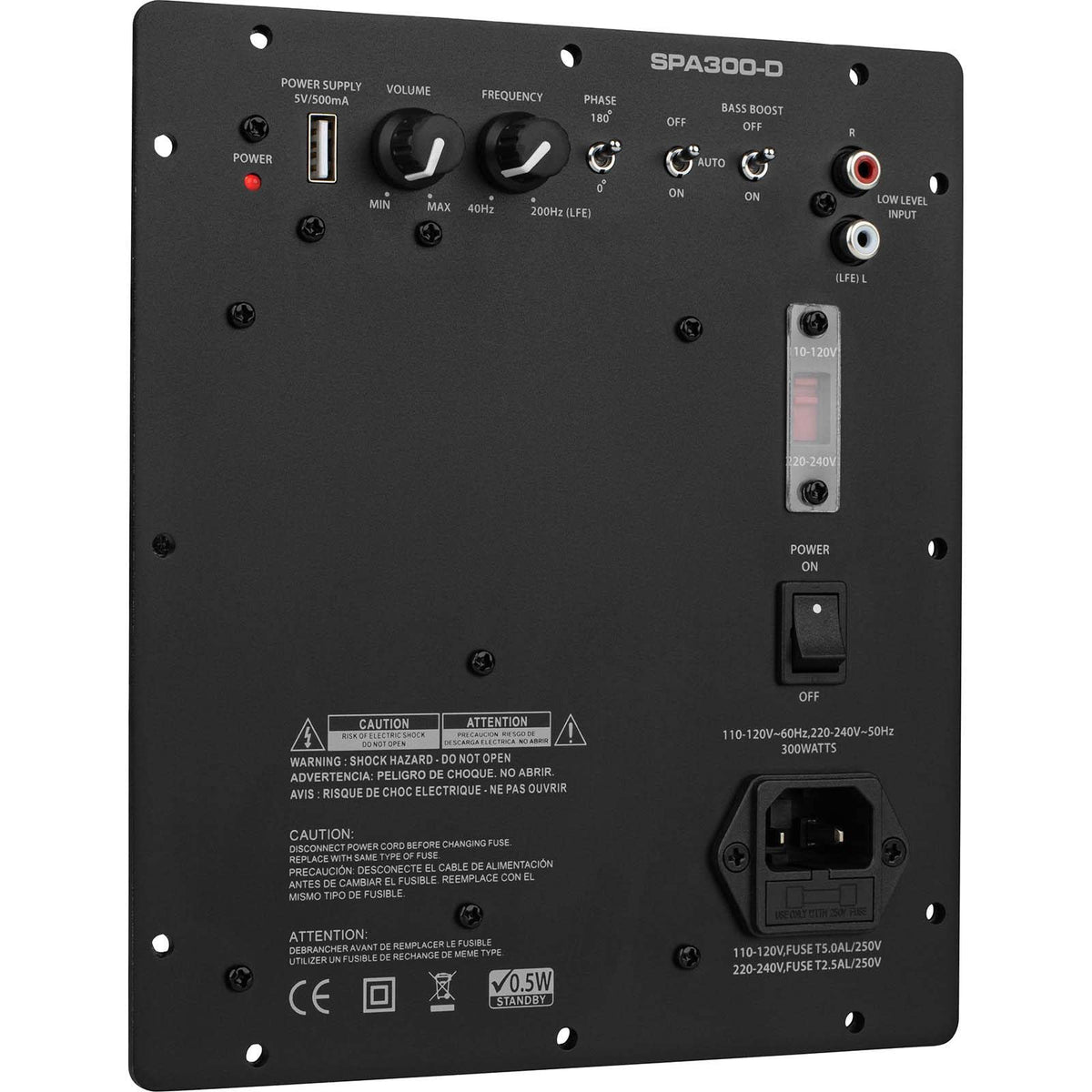 Dayton Audio SPA300-D front panel with adjustable bass and level controls.