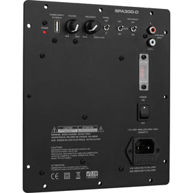 Dayton Audio SPA300-D front panel with adjustable bass and level controls.