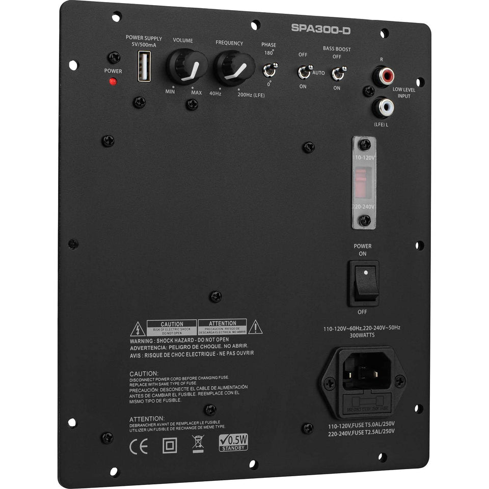 Dayton Audio SPA300-D front panel with adjustable bass and level controls.