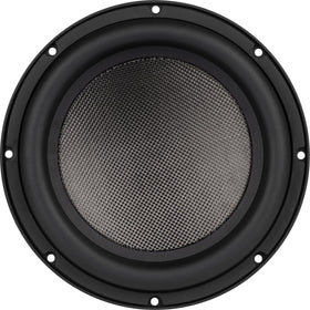 Dayton Audio UMII10-22 carbon fiber cone close-up shows fast, detailed bass