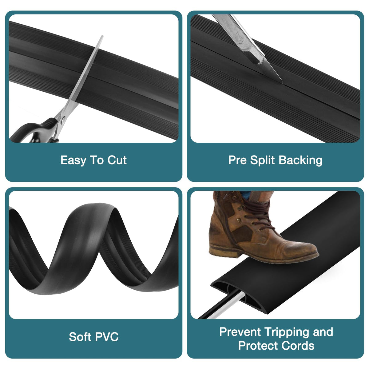 DBHXXMB-HH floor cord cover black profile blends with flooring and shields cords