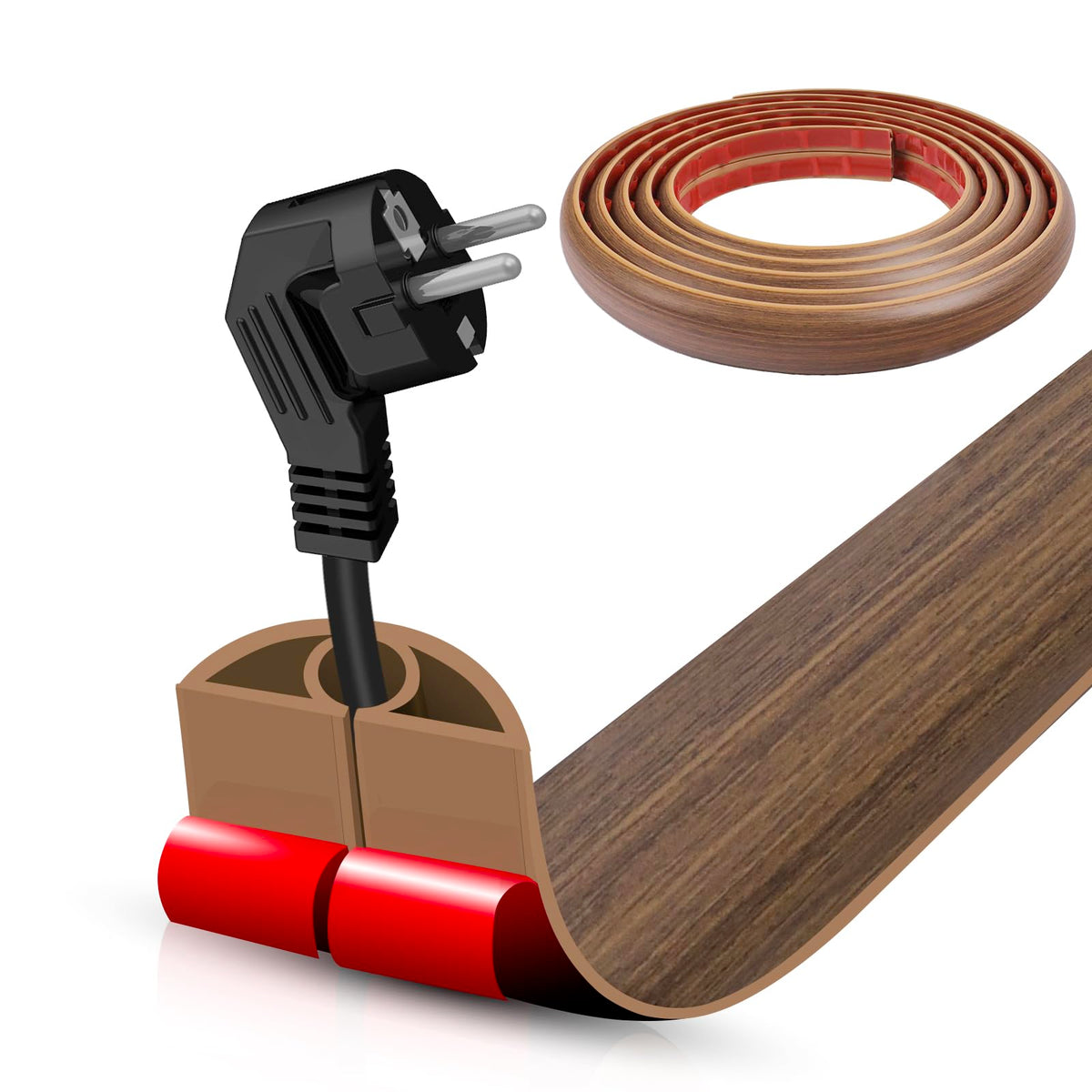 DBHXXMB-HH floor cord cover in misty brown wood protects cables in a hallway.