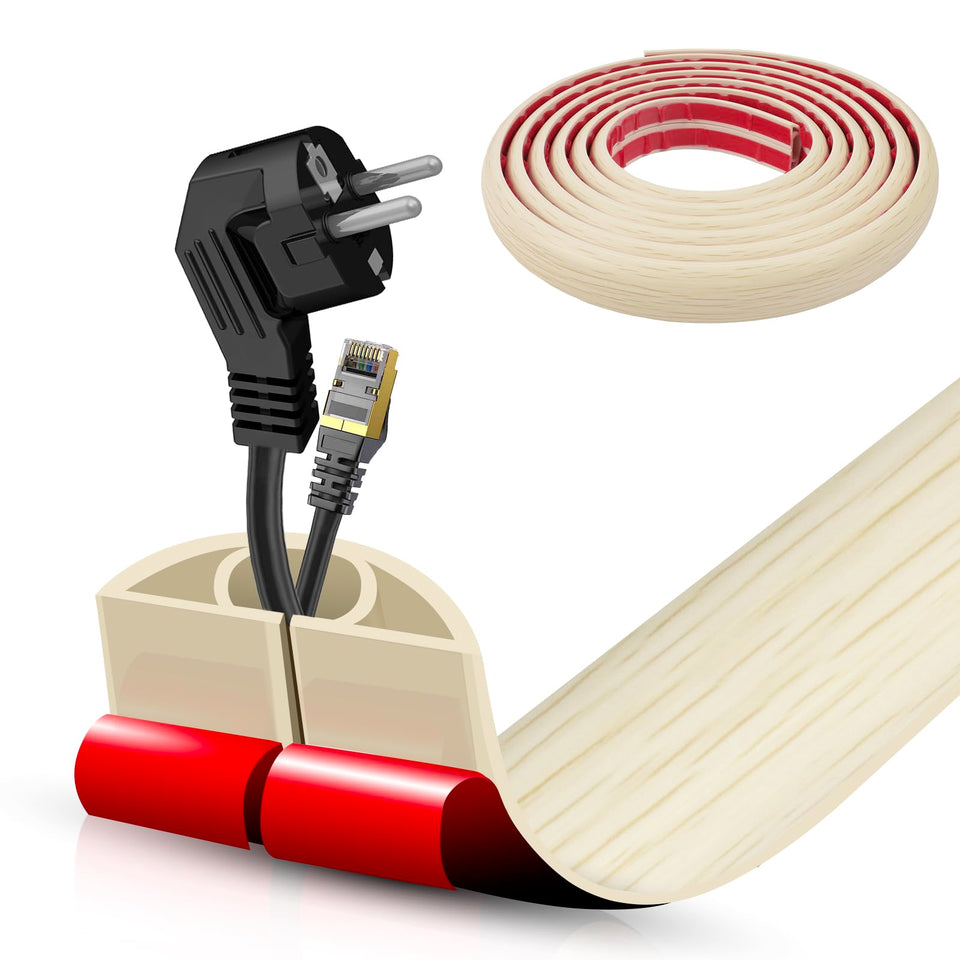 DBHXXMB-HH floor cord cover in yellow wood, front view protecting cables neatly